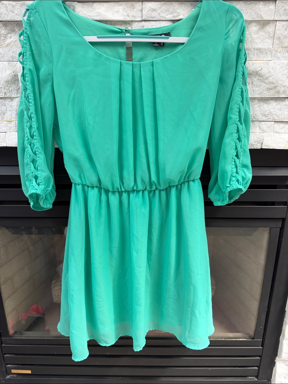 My Michelle Teal Tunic Top with Braided Puff Sleeves